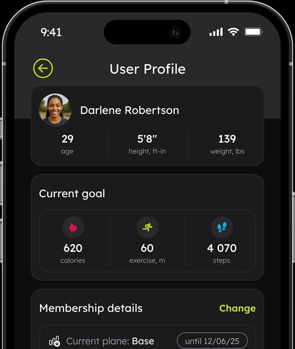 View age, height, weight, and your personal goals in one place.