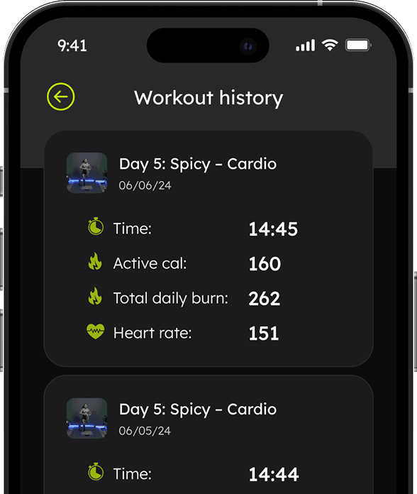 Your personal workout history is saved after every session — keep track of your results.